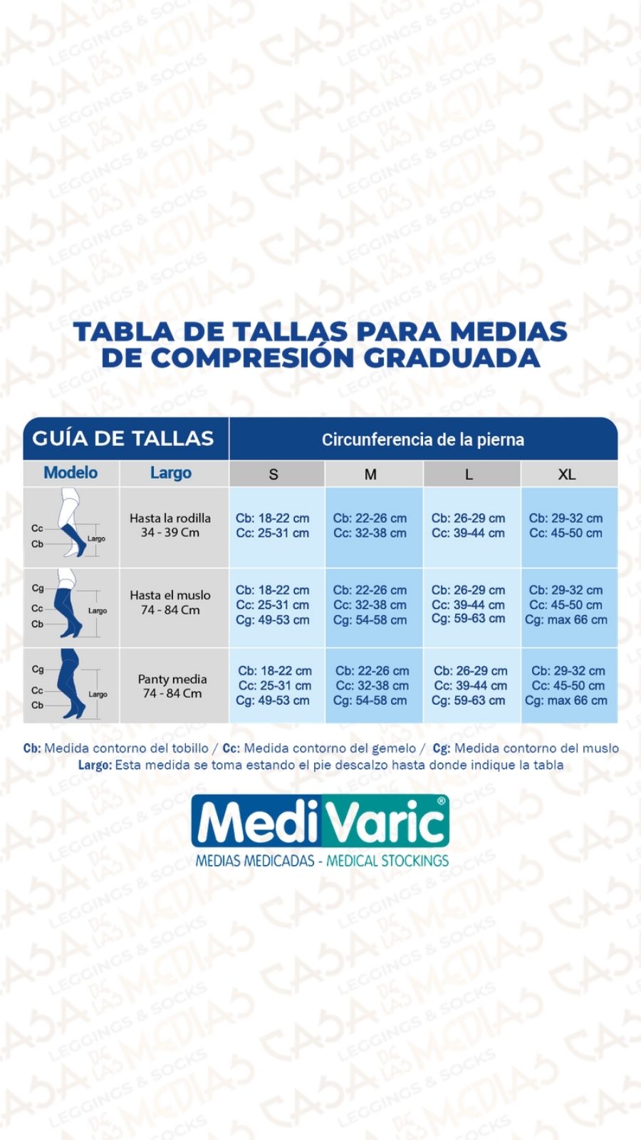 Tabla de tallas medias de compresión graduada MediVaric - Casa de las Medias Cuenca